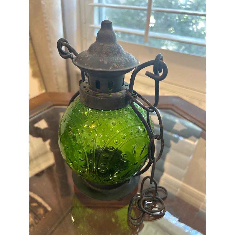 Vintage Green Hobnail Glass Lantern Wrought Iron Hanging Candle Holder Gothic